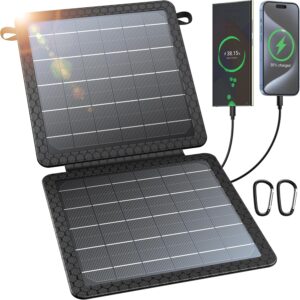 Carregador solar portátil com painel fotovoltaico e saída USB para carregar celulares e dispositivos eletrônicos