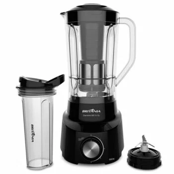 Liquidificador compacto Britânia com copo portátil e base preta
